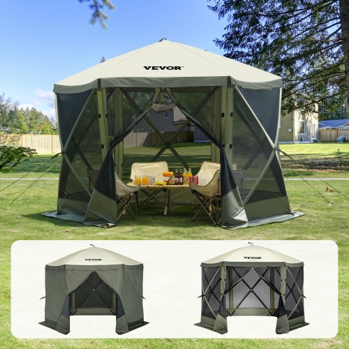 Pop-up-paviljongtält, pop-up-skärmtält med 6 sidor, solskydd med 6 avtagbara vindskydd och nätfönster, 10x10FT snabbmonterat skärmtält med myggnät, armégrönt