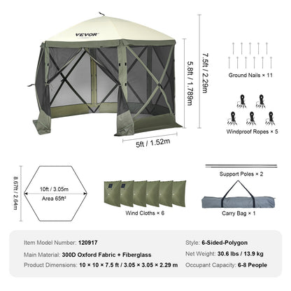 Pop-up-paviljongtält, pop-up-skärmtält med 6 sidor, solskydd med 6 avtagbara vindskydd och nätfönster, 10x10FT snabbmonterat skärmtält med myggnät, armégrönt