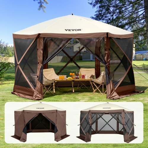 Pop-up-paviljongtält, pop-up-skärmtält med 6 sidor, solskydd med 6 avtagbara vindskydd och nätfönster, 11,5x11,5 fot, snabbmonterat skärmtält med myggnät, brunt