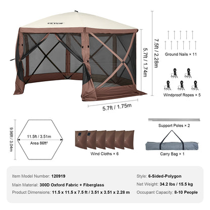 Pop-up-paviljongtält, pop-up-skärmtält med 6 sidor, solskydd med 6 avtagbara vindskydd och nätfönster, 11,5x11,5 fot, snabbmonterat skärmtält med myggnät, brunt