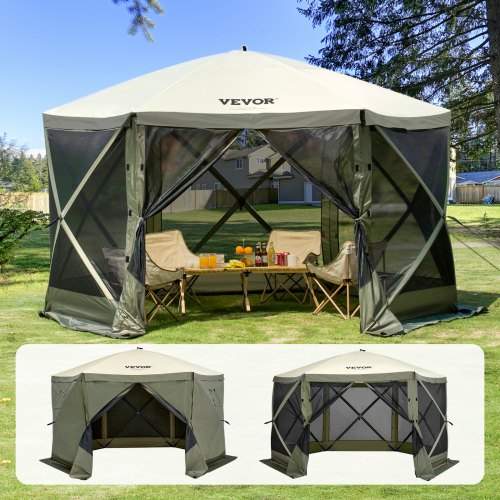 Pop-up-paviljongtält, pop-up-skärmtält med 6 sidor, solskydd med 6 avtagbara vindskydd och nätfönster, 12x12FT snabbmonterat skärmtält med myggnät, armégrönt