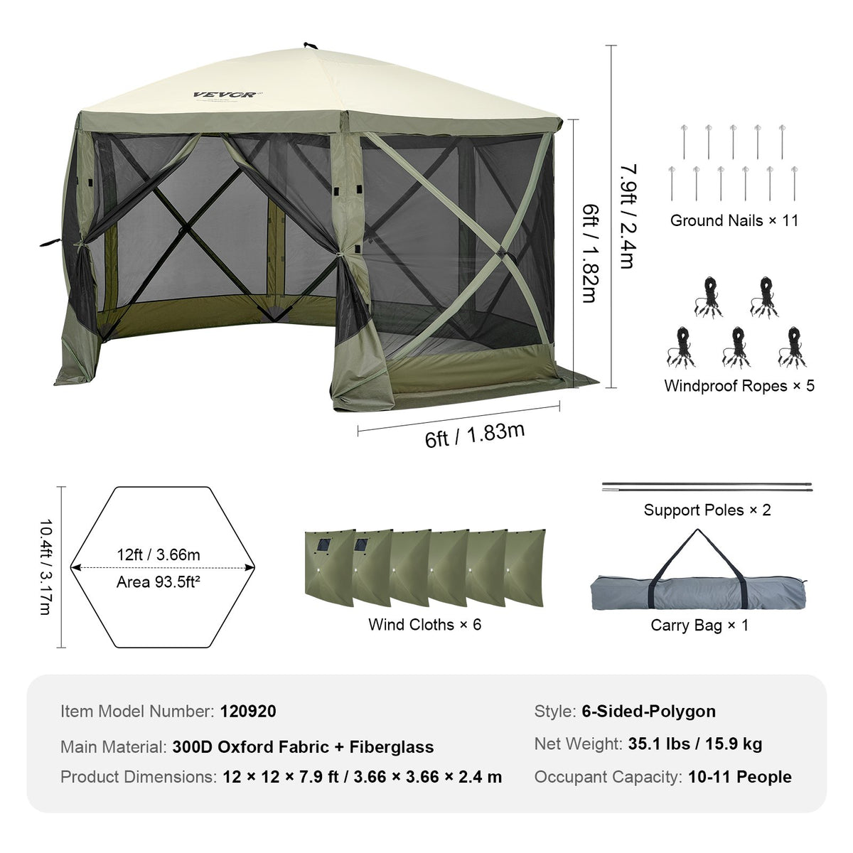 Pop-up-paviljongtält, pop-up-skärmtält med 6 sidor, solskydd med 6 avtagbara vindskydd och nätfönster, 12x12FT snabbmonterat skärmtält med myggnät, armégrönt