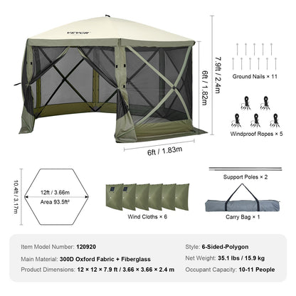 Pop-up-paviljongtält, pop-up-skärmtält med 6 sidor, solskydd med 6 avtagbara vindskydd och nätfönster, 12x12FT snabbmonterat skärmtält med myggnät, armégrönt