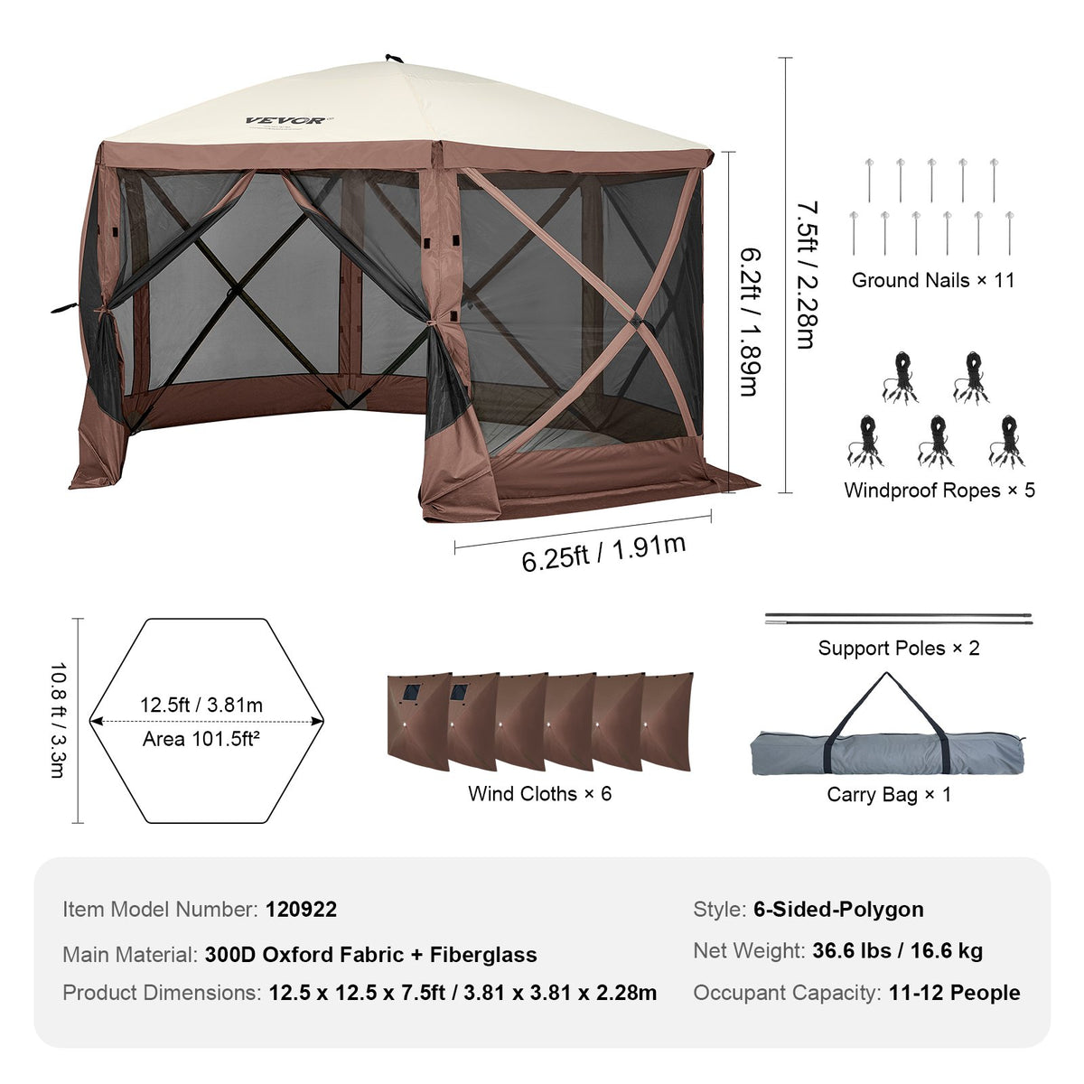 Pop-up-paviljongtält, pop-up-skärmtält med 6 sidor, solskydd med 6 avtagbara vindskydd och nätfönster, 12,5x12,5 fot, snabbmonterat skärmtält med myggnät, brunt