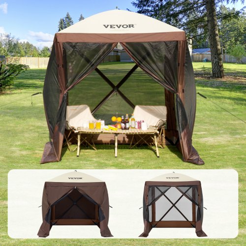 Pop-up-paviljongtält, pop-up-skärmtält med 4 sidor, solskydd med 4 avtagbara vindskydd och nätfönster, 6x6FT snabbmonterat skärmtält med myggnät, brunt