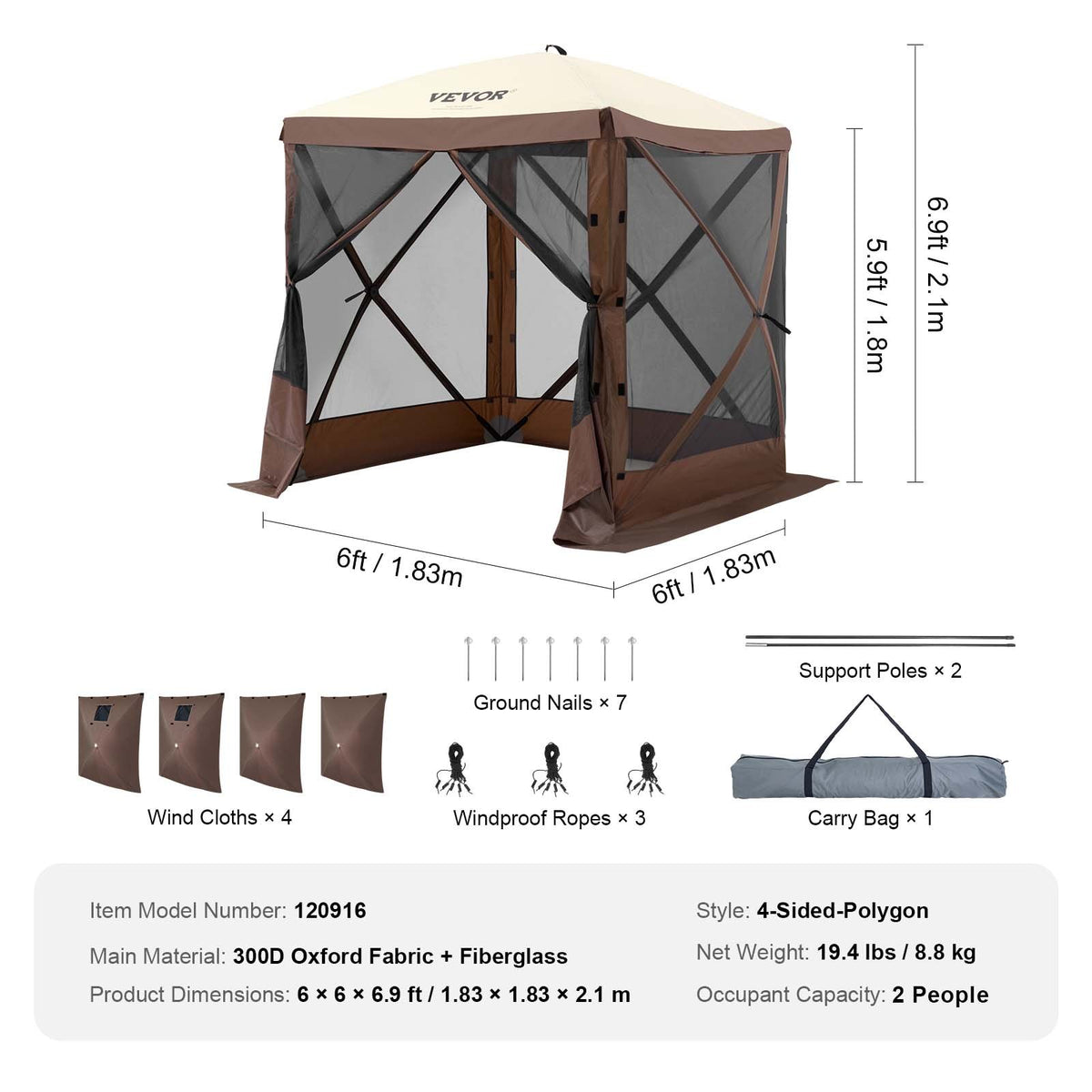 Pop-up-paviljongtält, pop-up-skärmtält med 4 sidor, solskydd med 4 avtagbara vindskydd och nätfönster, 6x6FT snabbmonterat skärmtält med myggnät, brunt