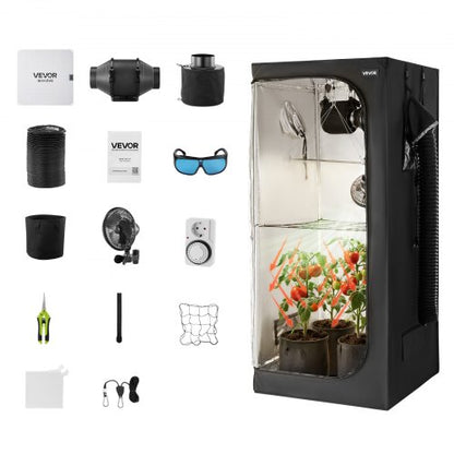 Inomhusväxttältkit, 80 x 80 x 180 cm, inomhusväxttält med fullspektrum LED-växtljus och ventilationssystem, 600D högreflekterande Mylar, odlingstält för blomstergrönsaker