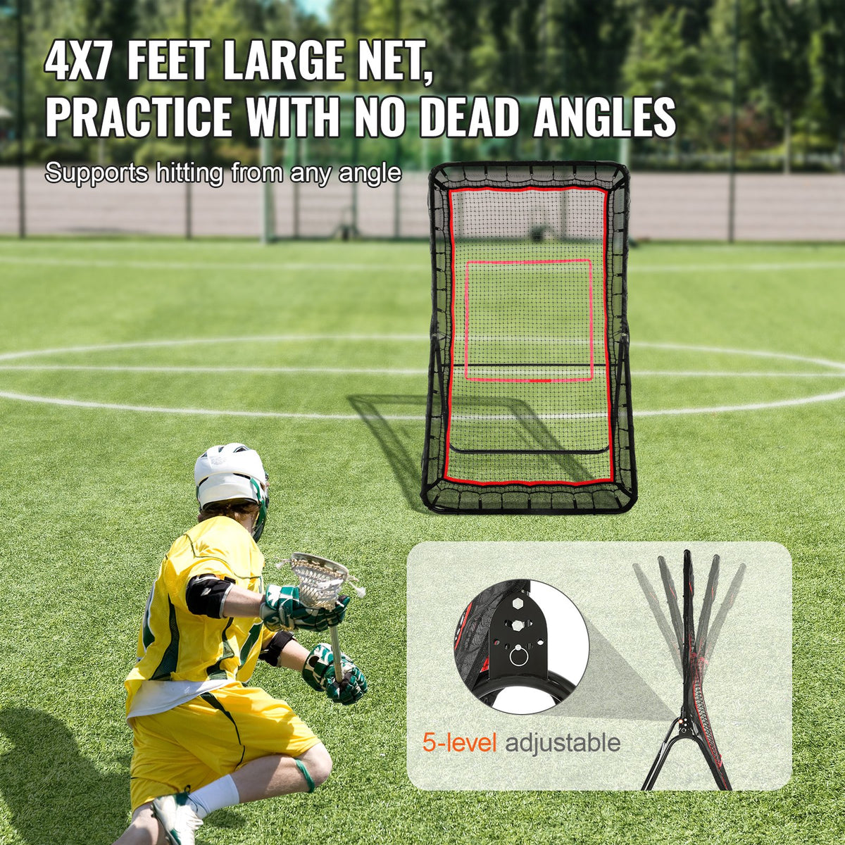 Lacrosse-rebounder för trädgården, 1219,2 x 2133,6 mm volleyboll-studsnät, pitchback throwback baseboll softboll returträningsskärm, justerbar vinkel för skjutövning med måltavla