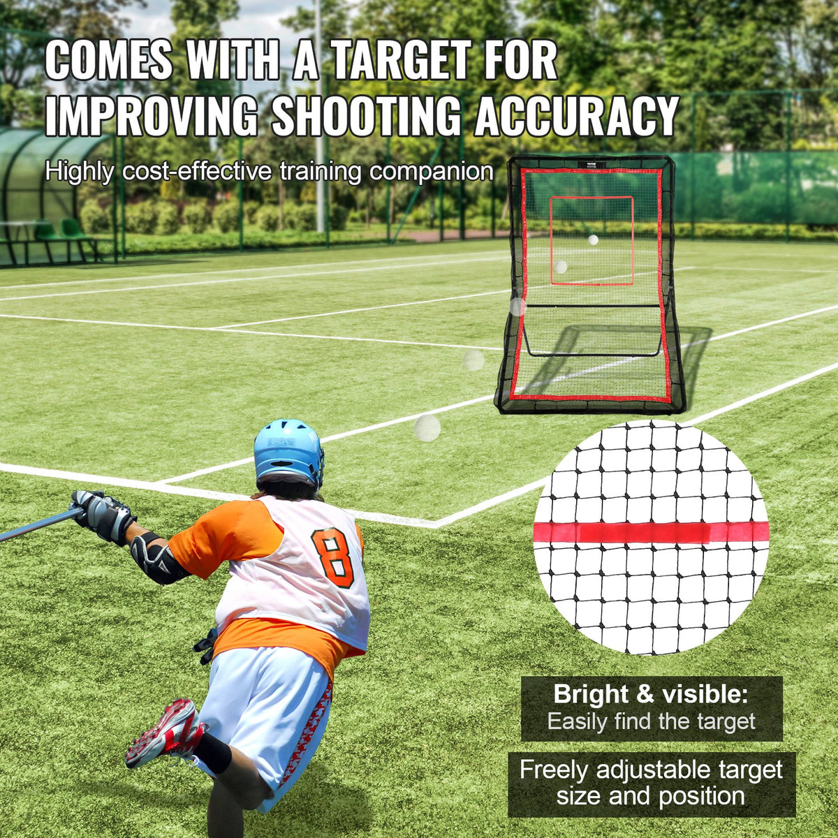 Lacrosse-rebounder för trädgården, 1524 x 2133,6 mm volleyboll-studsnät, pitchback throwback baseboll softboll returträningsskärm, justerbar vinkel skjutövningsvägg med måltavla