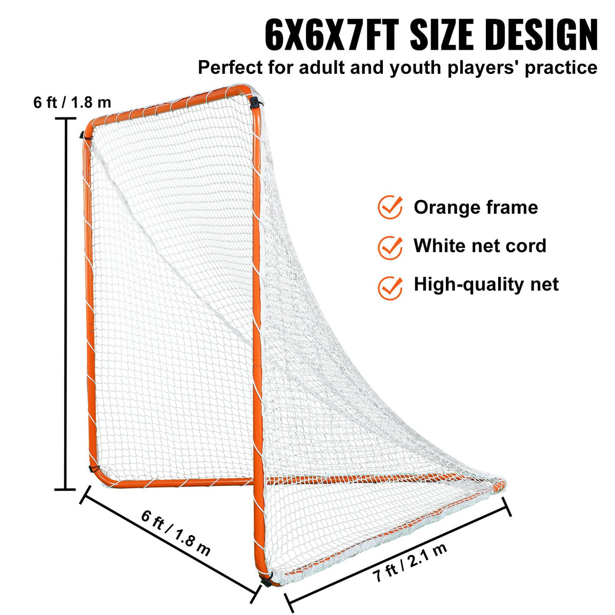 Lacrossemål, 1,8 x 1,8 m lacrossenät, stålram för trädgårdslacrosseträning, bärbart lacrossemål med bärväska, snabb och enkel installation, perfekt för ungdoms- och vuxenträning, orange