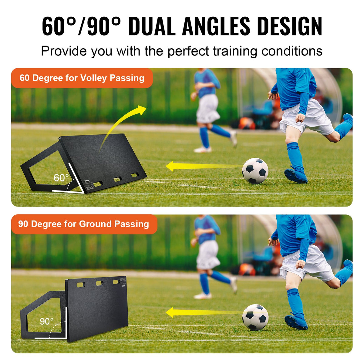 Fotbollsrebounderbräda, 114,3 x 45,7 cm bärbar fotbollsvägg med 2 reboundervinklar, hopfällbar HDPE-rebounderbräda, fotbollsträningsutrustning för barn och vuxna, passnings- och skottträning