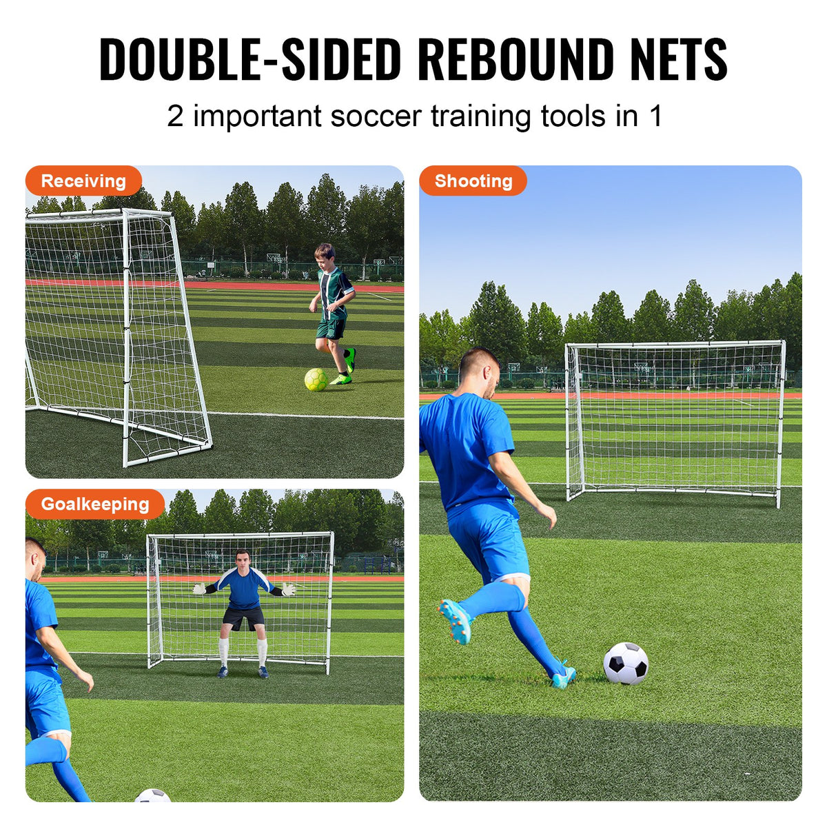 Fotbollsreboundtränare, 8x6FT järnfotbollsträningsutrustning, sportfotbollsreboundervägg med dubbelsidigt reboundnät och mål, perfekt för trädgårdsövning, soloträning, passningar