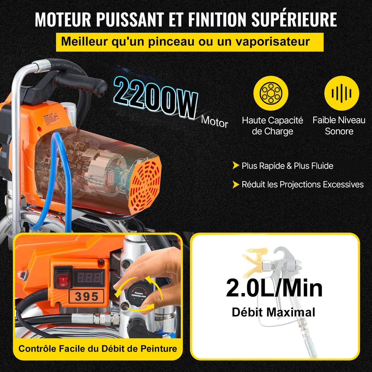 Airless Paint Sprayer with High Pressure Hose, 2200W Wall Paint Gun, 3000PSI 2L/min Brushless Motor Included, for Interior and Exterior Painting, Fence Accessories