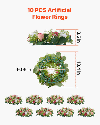 Konstgjord roskrans, 340 mm diameter konstgjord blomkrans med rosa och vita rosor, blomsterarrangemang mittpunkt för alla hjärtans dag, mors dag, fest, bröllop och heminredning, 10 st