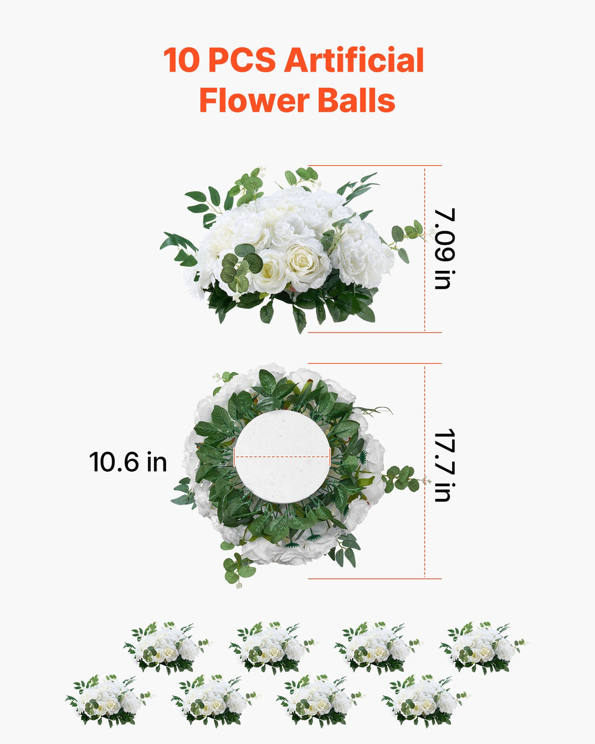 Blombollarrangemang Bukett 10 st, 450 mm diameter Konstgjorda blombollar Vita rosor Bröllopsbordsdekorationer, Konstgjorda blomsterarrangemang för bröllopsbordsdekorationer Hembordsdekorationer