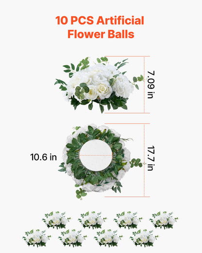 Blombollarrangemang Bukett 10 st, 450 mm diameter Konstgjorda blombollar Vita rosor Bröllopsbordsdekorationer, Konstgjorda blomsterarrangemang för bröllopsbordsdekorationer Hembordsdekorationer