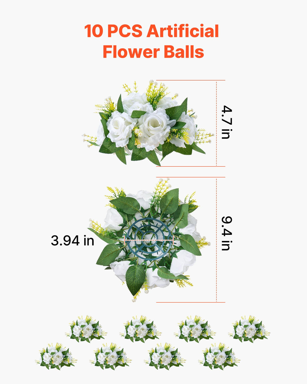 Blombollarrangemang Bukett 10 st, 240 mm diameter Konstgjorda blombollar Bröllopsrosbordsdekorationer, Konstgjorda blomsterarrangemang för bröllopsbordsdekorationer, Vit