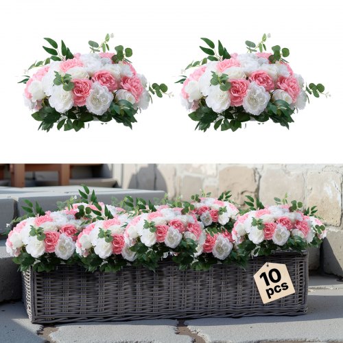 Blombollsarrangemang Bukett 10 st, 450 mm diameter Konstgjorda blombollar Bröllopsbordsdekorationer, Rosarrangemang för bröllopsbordsdekorationer Heminredning, Rosa och vita rosor
