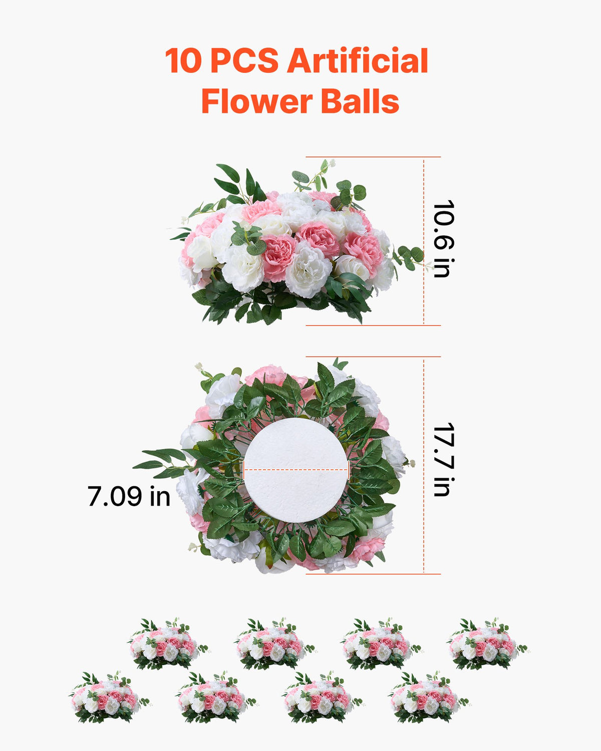 Blombollsarrangemang Bukett 10 st, 450 mm diameter Konstgjorda blombollar Bröllopsbordsdekorationer, Rosarrangemang för bröllopsbordsdekorationer Heminredning, Rosa och vita rosor