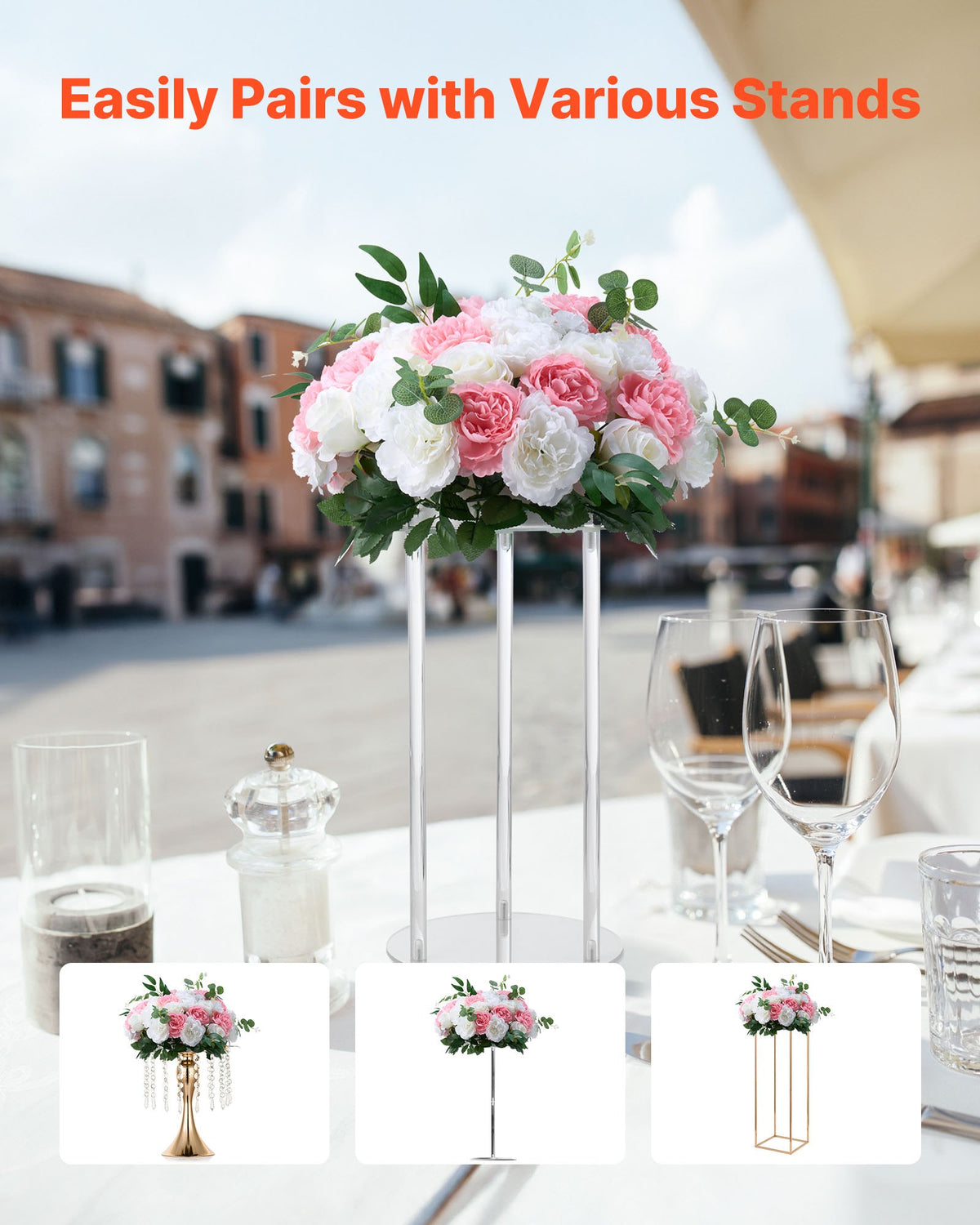 Blombollsarrangemang Bukett 10 st, 450 mm diameter Konstgjorda blombollar Bröllopsbordsdekorationer, Rosarrangemang för bröllopsbordsdekorationer Heminredning, Rosa och vita rosor
