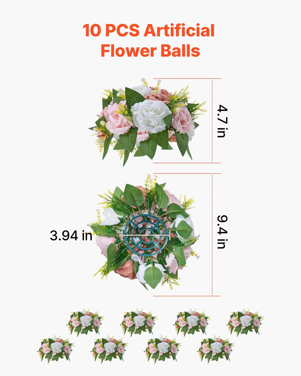 Blombollsarrangemang Bukett 10 st, 240 mm diameter Konstgjorda blombollar Bröllopsbordsdekorationer, Konstgjorda rosenarrangemang för bröllopsbordsdekoration Hemdekoration, Rosa och vita rosor