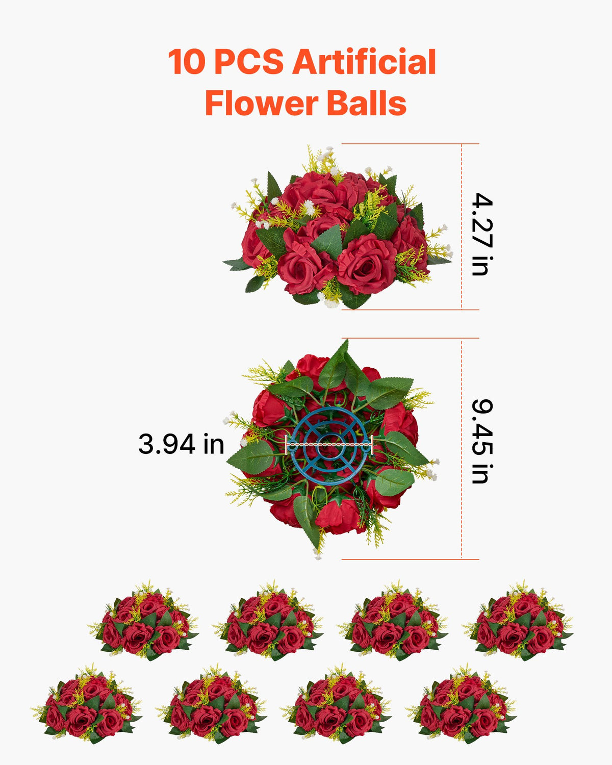 Blombollarrangemangbukett 10 st, 240 mm bröllopsdekorationer med röda rosor, konstgjorda blommor, kyssbollar, dekoration, konstgjorda blomsterarrangemang, blombukett för hemfestbordsdekorationer