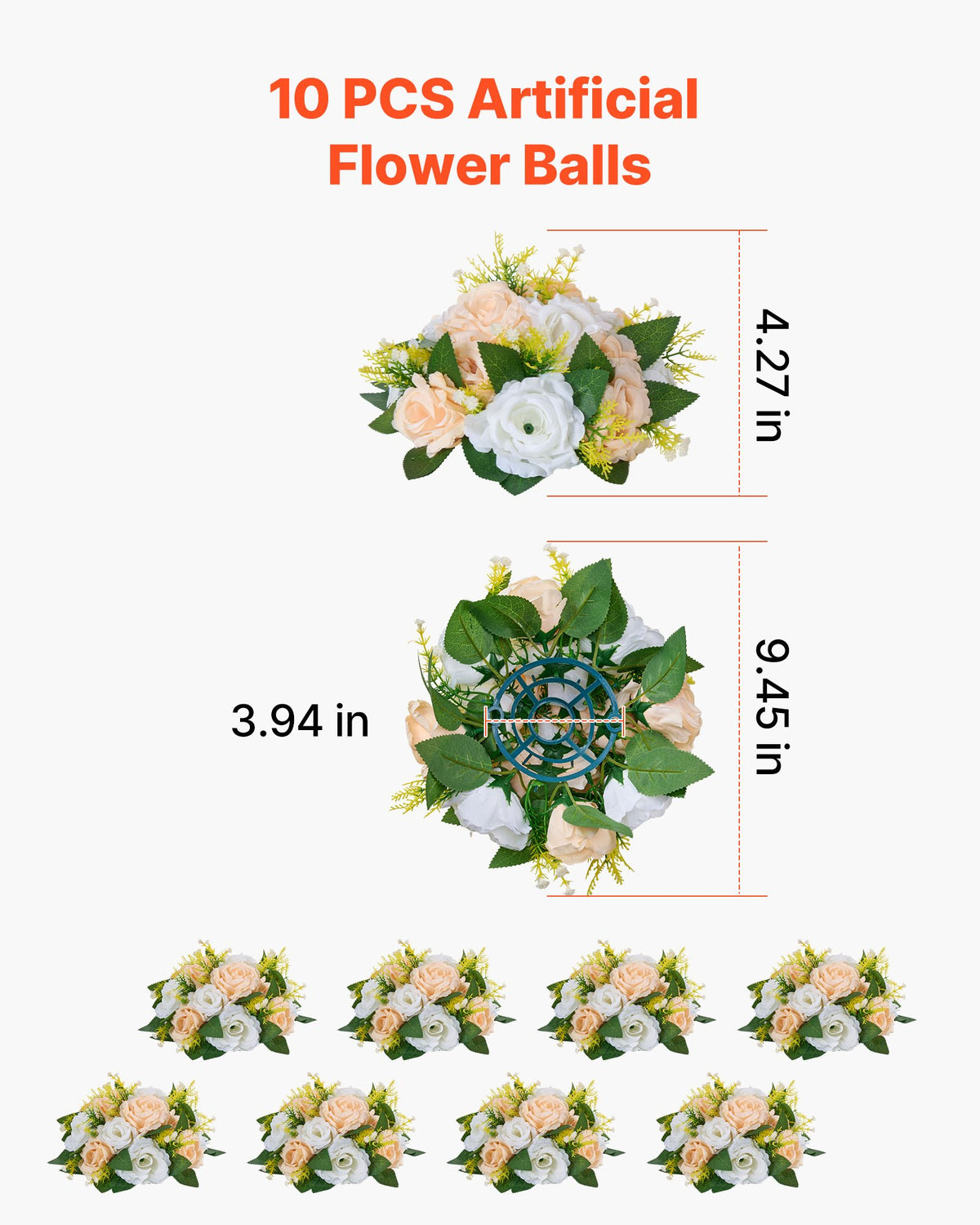 Blombollsarrangemang Bukett 10 st, 240 mm diameter Konstgjorda Blombollar Bröllopsbordsdekorationer, Rosenarrangemang för bröllopsbordsdekoration Hemdekoration, Champagne &amp; Vita Rosor