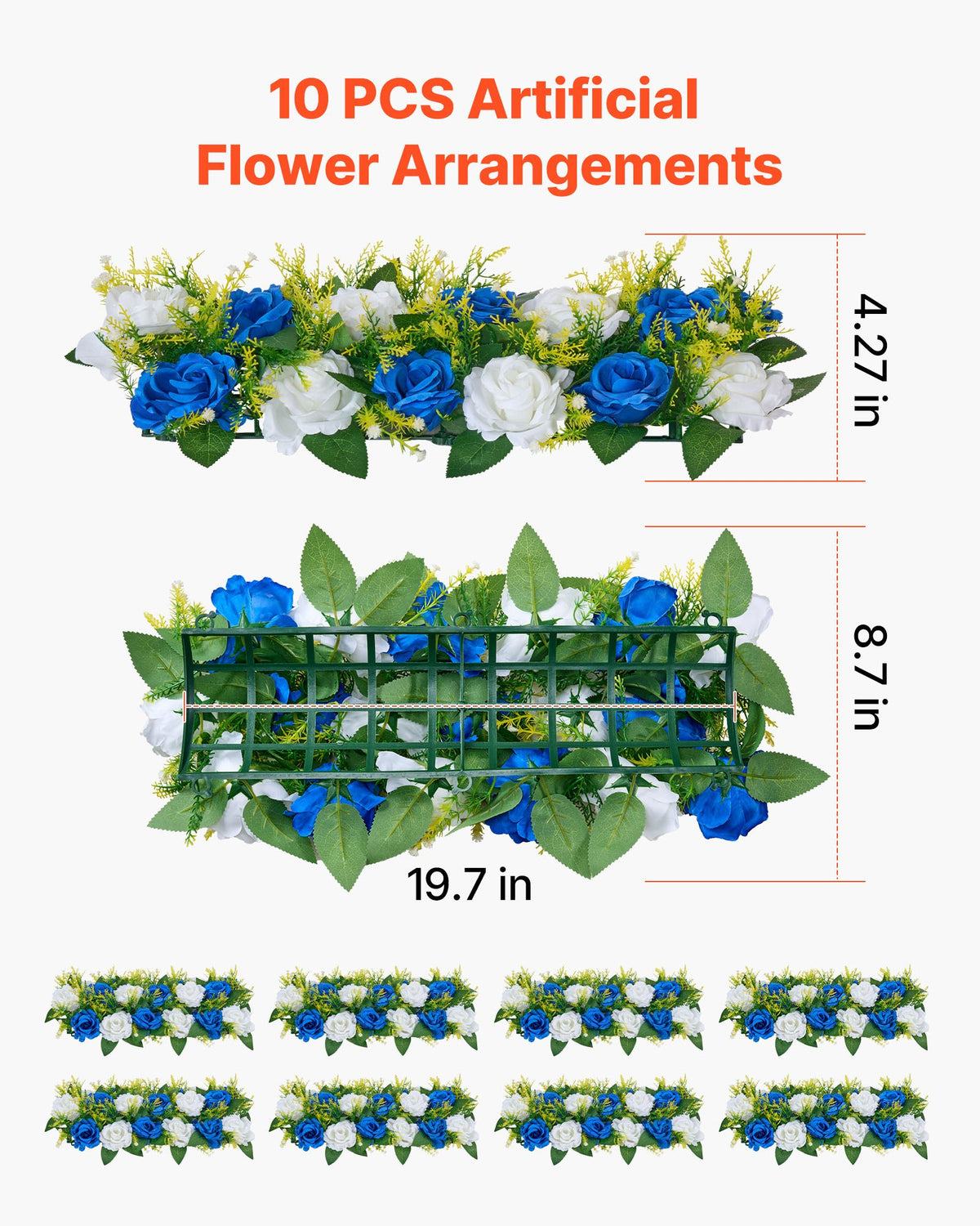 Blombollsarrangemang Bukett 10 st, 500 x 220 mm Konstgjorda Blombollar Bröllopsbordsdekorationer, Konstgjorda Rosenarrangemang för Bröllopsbordsdekoration Hemdekoration, Blå och vita rosor