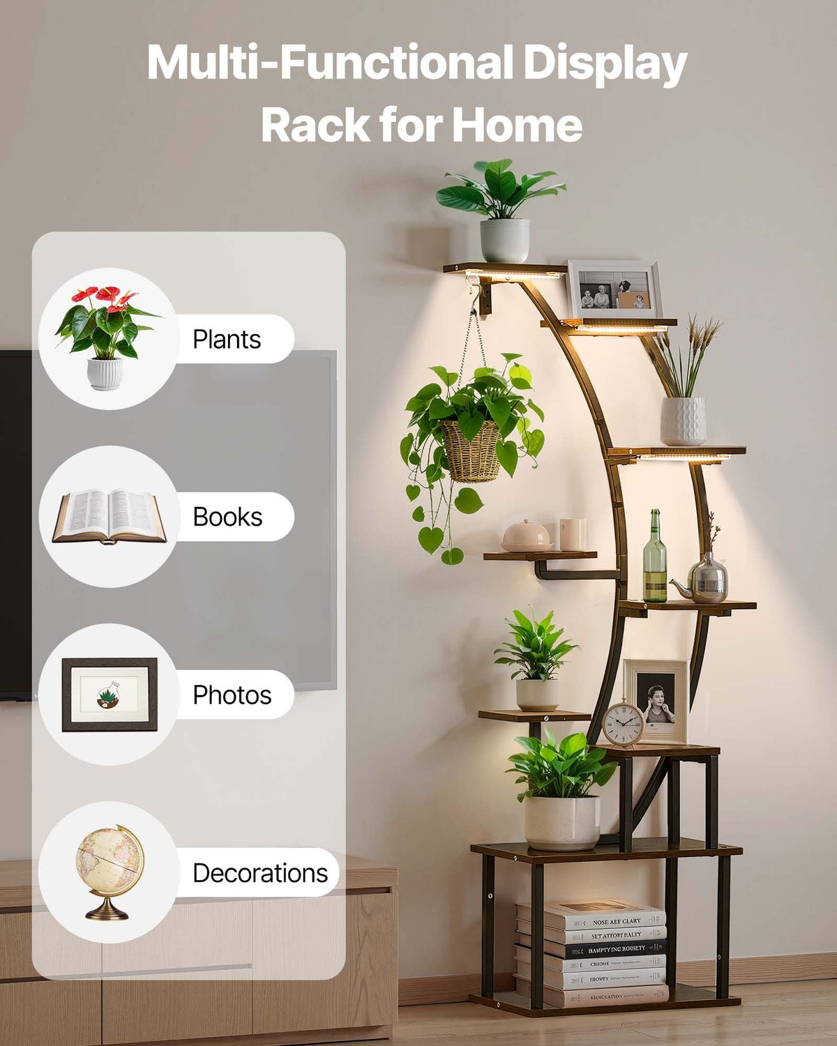 Plant Stand Indoor with Grow Lights, 160cm Tall 9-Tier Lighted Plant Shelf, Metal Corner Plants Holder, 3 Timer & 10 Brightness, Curve-Shaped Flower Display Rack for Living Room Balcony Decor