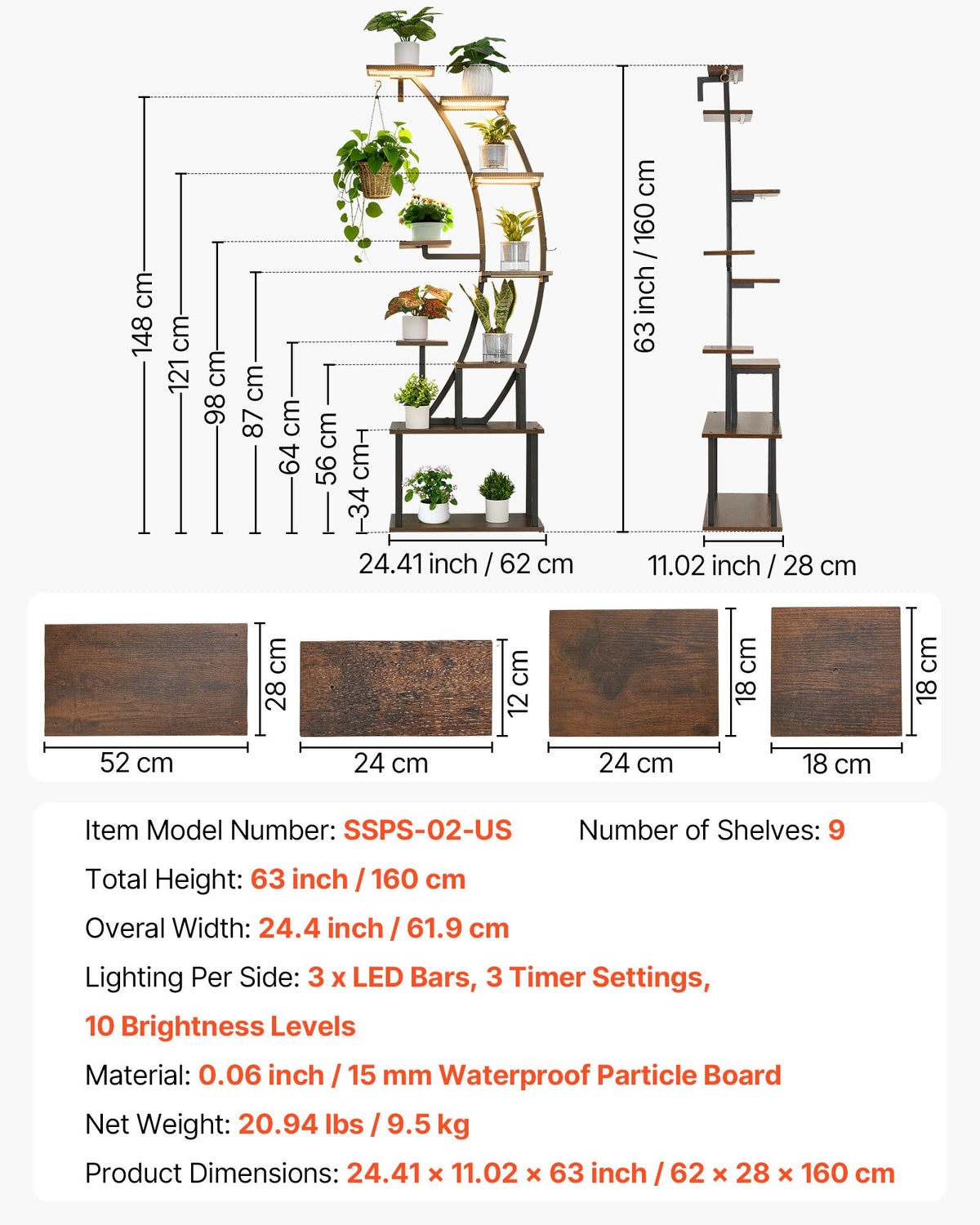 Plant Stand Indoor with Grow Lights, 160cm Tall 9-Tier Lighted Plant Shelf, Metal Corner Plants Holder, 3 Timer & 10 Brightness, Curve-Shaped Flower Display Rack for Living Room Balcony Decor