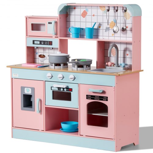 Lekkök för barn, träleksakskök med ljus och ljud, småbarnskök med ismaskin, ugn, diskho, mikrovågsugn, kylskåp och redskap samt frukttillbehör för småbarn, rosa