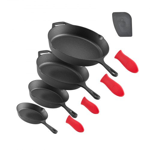 Gjutjärnspanna, 4-delat stekpannset (155, 205, 260, 305 mm), Stekpannor med värmebeständigt silikonhandtag, Förkryddat kockpannställ, Köksredskap, Ugn, Gas, Elektrisk, Induktion, Svart