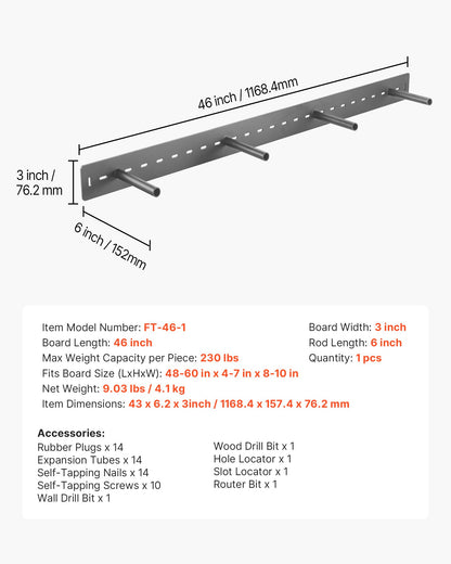 Flytande hyllkonsol 1-pack, 104 kg viktkapacitet, 46 x 6,2 x 3 tum / 1168,4 x 157,4 x 76,2 mm, kraftigt stöd för dolda hyllkonsoler, väggmontering osynligt flytande hyllkonsol