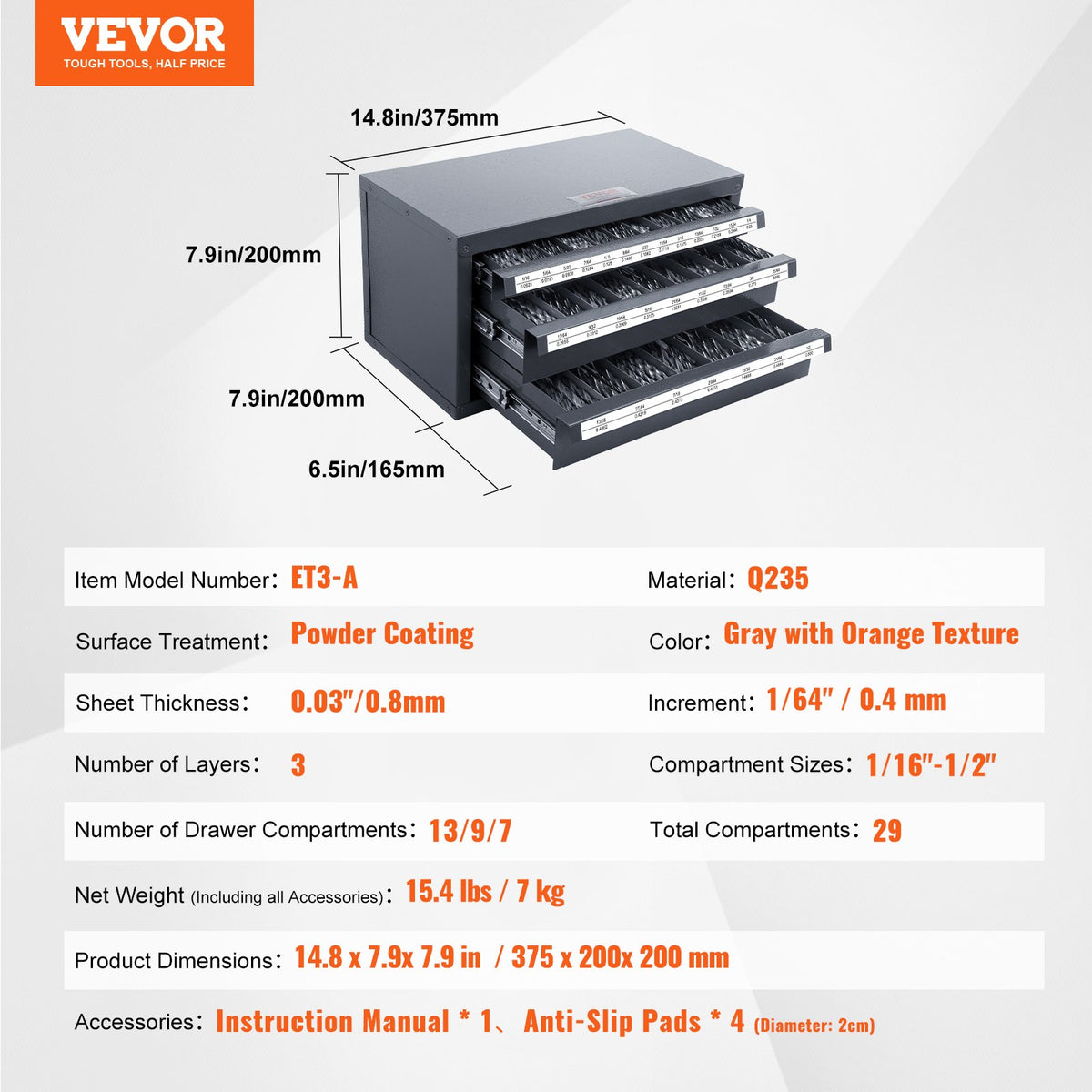 Drill Bit Dispenser Cabinet, Three-Drawer Drill Bit Organizer Cabinet for 1.59 mm to 12.7 mm, Steel Drill Dispenser Organizer Cabinet with Labels, Stackable Drill Dispenser for Drill Bit Storage