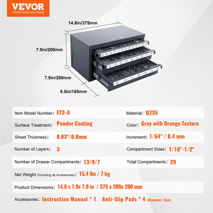 Drill Bit Dispenser Cabinet, Three-Drawer Drill Bit Organizer Cabinet for 1.59 mm to 12.7 mm, Steel Drill Dispenser Organizer Cabinet with Labels, Stackable Drill Dispenser for Drill Bit Storage