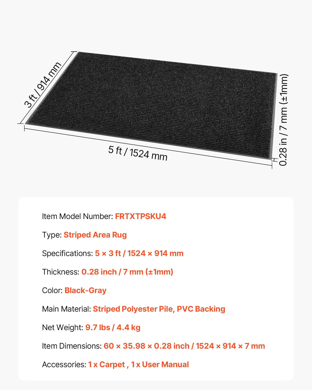 Front Door Mat, 1524 x 914 mm Commercial Floor Mat for Indoor and Outdoor, Stylish Stripedd Industrial Carpet with PVC Backing, Heavy Duty Washable Entry Rug for Hallway, Balcony, Garage, Grey