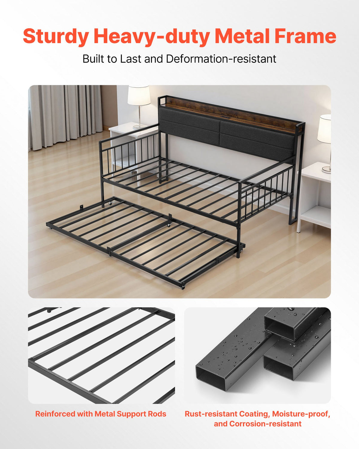 Dubbel dagbäddsram, dagbädd med utdragssäng, kraftig metallplattformssängram med laddningsstation, dubbel dagbädd med metallribbor för vardagsrum, sovrum, gästrum, enkel montering