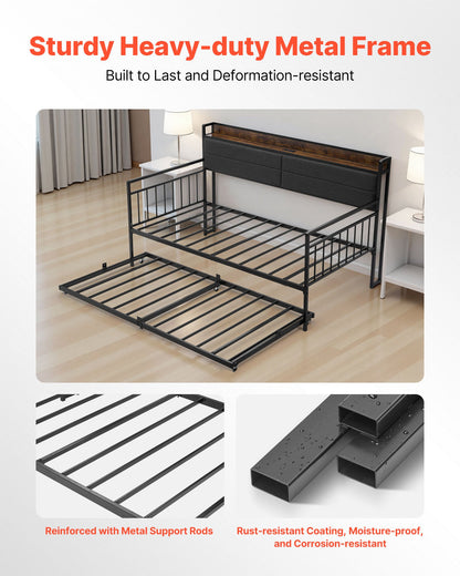 Dubbel dagbäddsram, dagbädd med utdragssäng, kraftig metallplattformssängram med laddningsstation, dubbel dagbädd med metallribbor för vardagsrum, sovrum, gästrum, enkel montering