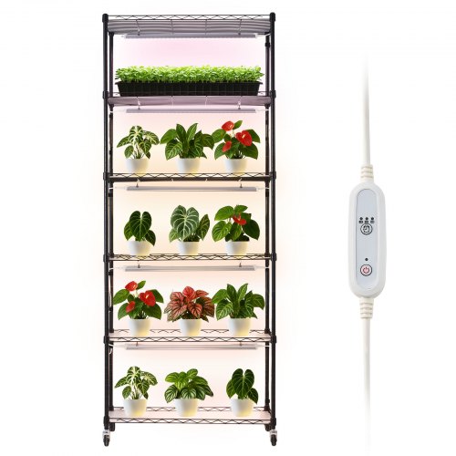 Växthylla med odlingslampa, 6-vånings inomhusväxtställ, 180 cm högt växtställ med hjul och 4/9/14 timmars timer, 150 W 3-färgs fullspektrum odlingslampor, blomkrukahållare för frösådd