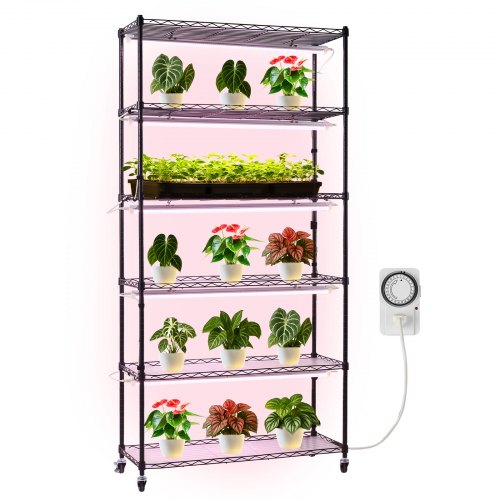 Växthylla med odlingslampa, 6-vånings stativ för inomhusväxter, 180 cm högt displayställ för inomhusväxter med hjul och timer, 150W 3800K fullspektrum odlingslampor, metallkrukhållare för fröplantering