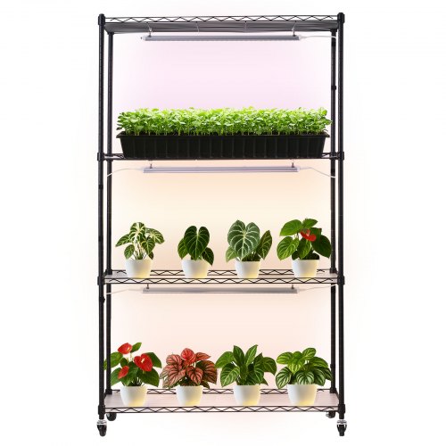 Växthylla med odlingslampa, 4-våningars inomhusväxtställ, 150 cm högt växtställ med hjul, 90W 3-färgade fullspektrum odlingslampor, kraftig metallkruka för fröplantering
