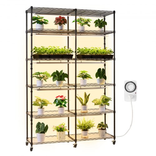 Växthylla med odlingslampa, 6-våningars dubbelradigt växtställ, 180 cm högt displayställ för inomhusväxter med hjul och timer, 200W fullspektrum odlingslampor, metallkrukhållare för frösådd