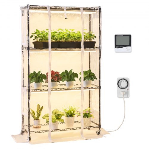 Inomhusväxthus med odlingslampa, 150 cm högt växtställ med 4 nivåer och genomskinligt lock, timer och hygrometer, 180 W fullspektrums odlingslampor, metallhylla för upplysta växter för inomhusväxter