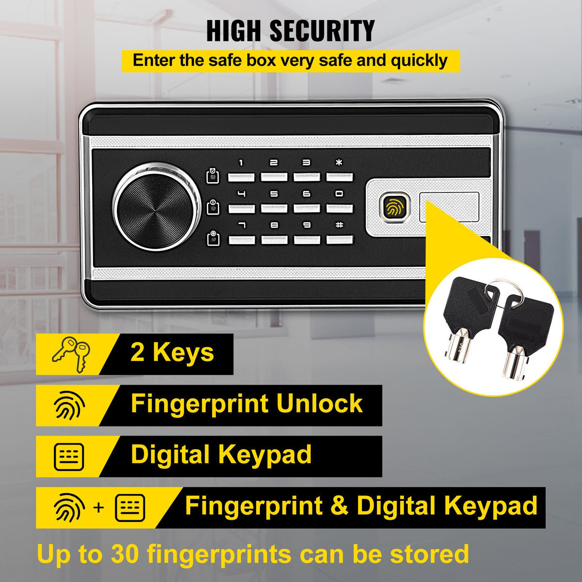 Kassaskåp, 0,048 m³ Pengaskåp med fingeravtryckslås och digital knappsats, brandsäkert kassaskåp med avtagbar hylla, väggmonterat säkerhetsskåp för kontanter, klocka, pass, dokument, svart