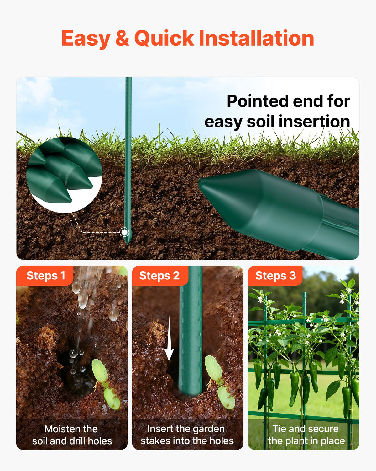 Garden Stakes, 50 Pack, 1170 mm, Plastic Coated Metal Tomato Stakes, Garden Sticks for Plants Support, with Pointed End and Non-Slip Bumps for Growing Climbing Plants, Outdoor Vegetables