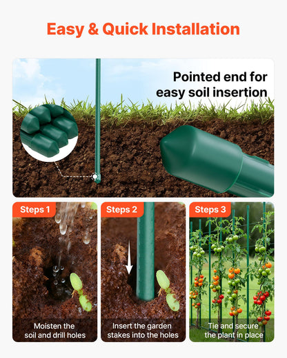 Garden Stakes, 25 Pack, 1800 mm, Plastic Coated Metal Tomato Stakes, Garden Sticks for Plants Support, with Pointed End and Non-Slip Bumps for Growing Climbing Plants, Outdoor Vegetables