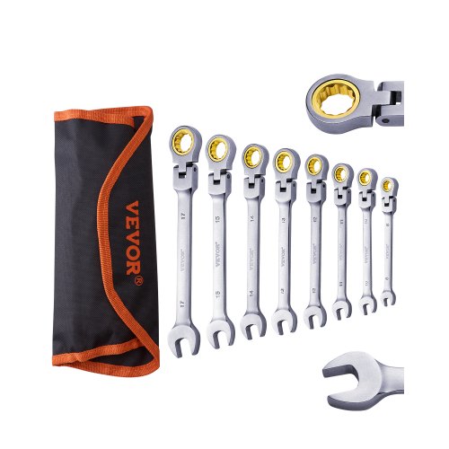 Spärrnyckelsats med flexibelt huvud, 8-delat kombinationsnyckelsats med rullficka, flexibel spärrnyckelsats i Cr-V-stål, metrisk 8 mm till 17 mm, idealisk för vanliga hushåll, bilreparationer