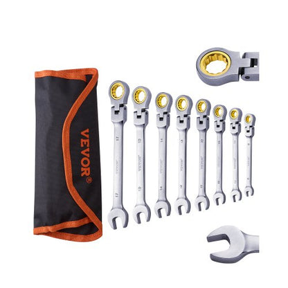 Spärrnyckelsats med flexibelt huvud, 8-delat kombinationsnyckelsats med rullficka, flexibel spärrnyckelsats i Cr-V-stål, metrisk 8 mm till 17 mm, idealisk för vanliga hushåll, bilreparationer