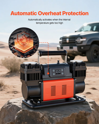 Dual-Cylinder Heavy Duty Air Compressor, 300L/min Auto-Stop Portable Tire Inflator, 12V 150PSI Offroad Air Pump with LCD Digital Display & Adapters for Truck Car SUV 4 x 4 Vehicle RV