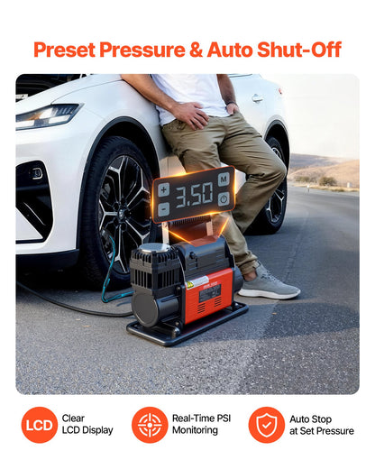 12V Heavy Duty Air Compressor, Auto-Stop Portable Tire Inflator with LCD Digital Display, 202 L/Min 150PSI Offroad Air Pump with Adapters for Trucks Car SUV 4 x 4 Vehicle RV